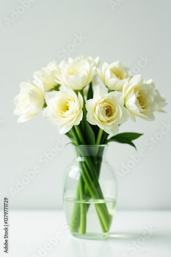 A elegant vase filled with fresh white flowers against a clean white background,  white background, vase