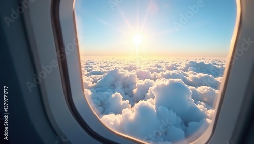Airplane window overlooking clouds with sunlight, perfect for travel blogs and website backgrounds,  travel, airline