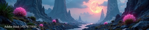 Alien planet with towering crystal formations, glowing plants, and advanced alien technology,  futuristic cityscape,  outer space