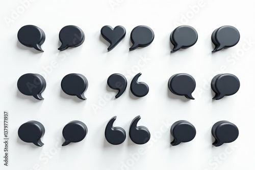 A set of black quote mark icons symbolizing discussion and dialog on a white background,  element,  quotation