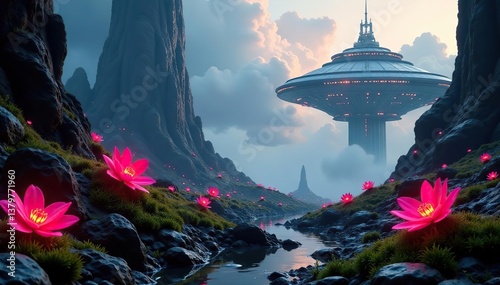 Alien world with glowing neon plants, towering metallic structures, and advanced spacecraft technology,  structures,  plants