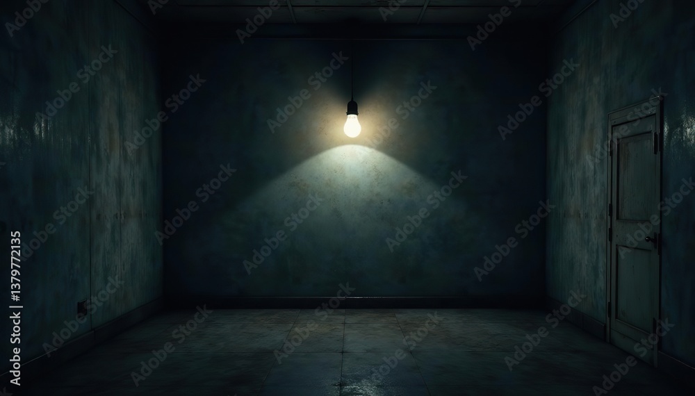 An empty dark room with a single hanging lightbulb casting eerie shadows, dim, interior An empty dark room with a single hanging lightbulb casting eerie shadows, dim, interior