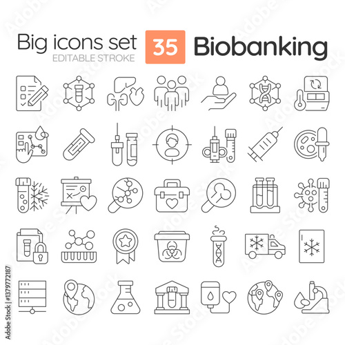 Biobanking line icons set. Medical storage of bio specimens for research. Scientific examination of samples. Isolated vector outline illustrations. Thin lineart iconset symbols. Editable stroke