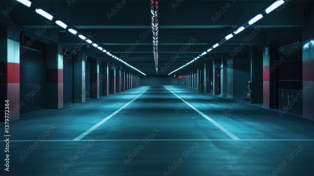 Fototapeta premium Empty Parking Garage at Night: A Serene and Mysterious Atmosphere