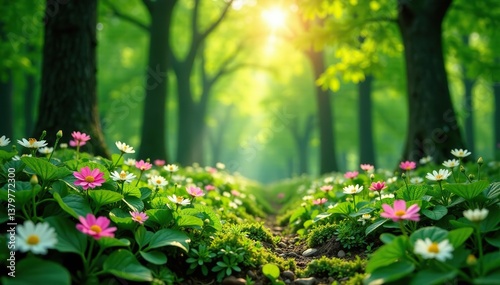 A lush green forest filled with blooming flowers and fresh foliage in the springtime,  environment,  lush
