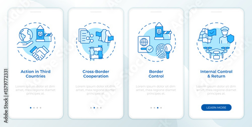 Four filter model blue onboarding mobile app screen. IBM system work. Walkthrough 4 steps editable graphic instructions with linear concepts. UI, UX, GUI. Montserrat SemiBold, Regular fonts used
