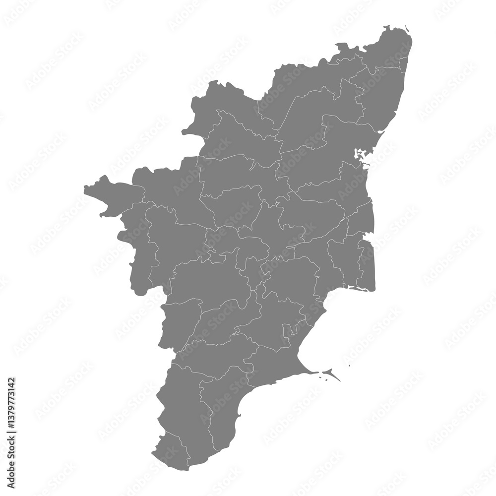 High Quality map of Tamil Nadu is a state of India, with borders of the districts