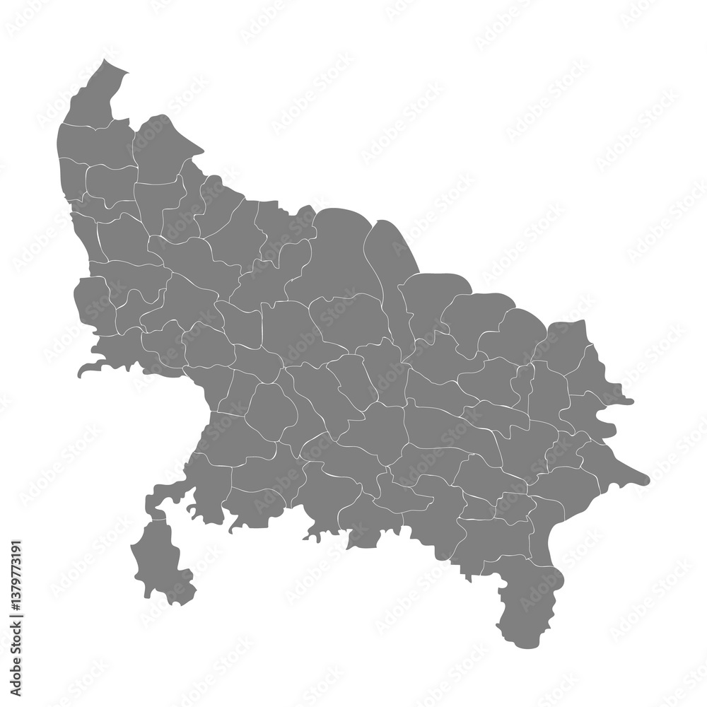 High Quality map of Uttar Pradesh is a state of India, with borders of the districts