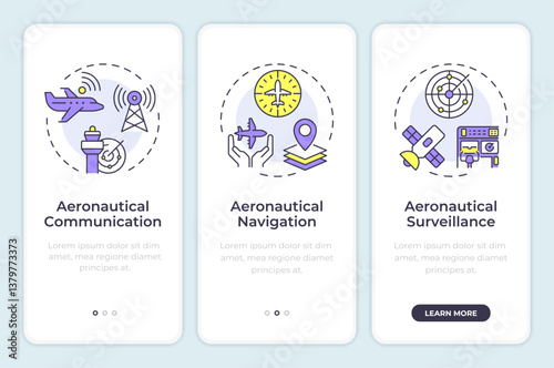 Air navigation service onboarding mobile app screen. Technology, system. Walkthrough 3 steps editable graphic instructions with linear concepts. UI, UX, GUI. Montserrat SemiBold, Regular fonts used