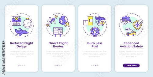 Air traffic control benefits onboarding mobile app screen. Walkthrough 4 steps editable graphic instructions with linear concepts. UI, UX, GUI. Montserrat SemiBold, Regular fonts used