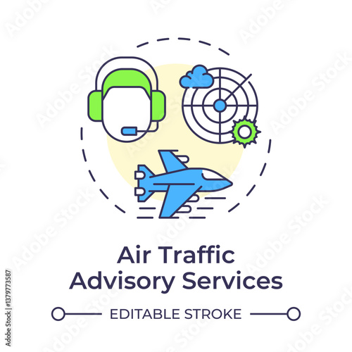 Air traffic advisory services multi color concept icon. Flight operator, controller. Radar technology. Round shape line illustration. Abstract idea. Graphic design. Easy to use in article, blog post