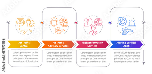 Air traffic services rectangular infographics. Flight information, alert. Visualization template 4 options. Horizontal flowchart with line icons. Myriad Pro-Bold, Regular fonts used