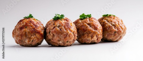 Four delicious meatballs garnished with parsley, arranged neatly on a clean, white surface, showcasing their golden-brown texture.