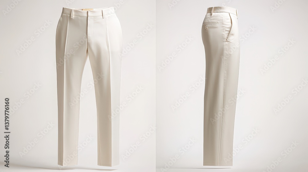 Elegant beige tailored trousers - front and side views on neutral background