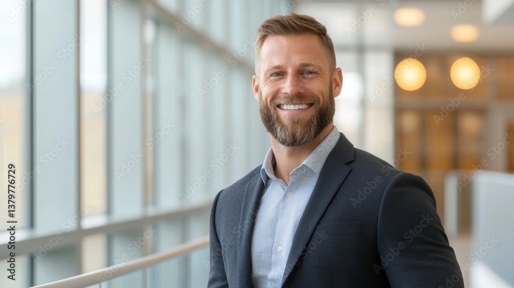 A smiling man with a beard dressed in a suit stands in a bright, modern interior, conveying professionalism and confidence. A smiling man with a beard dressed in a suit stands in a bright, modern interior, conveying professionalism and confidence.