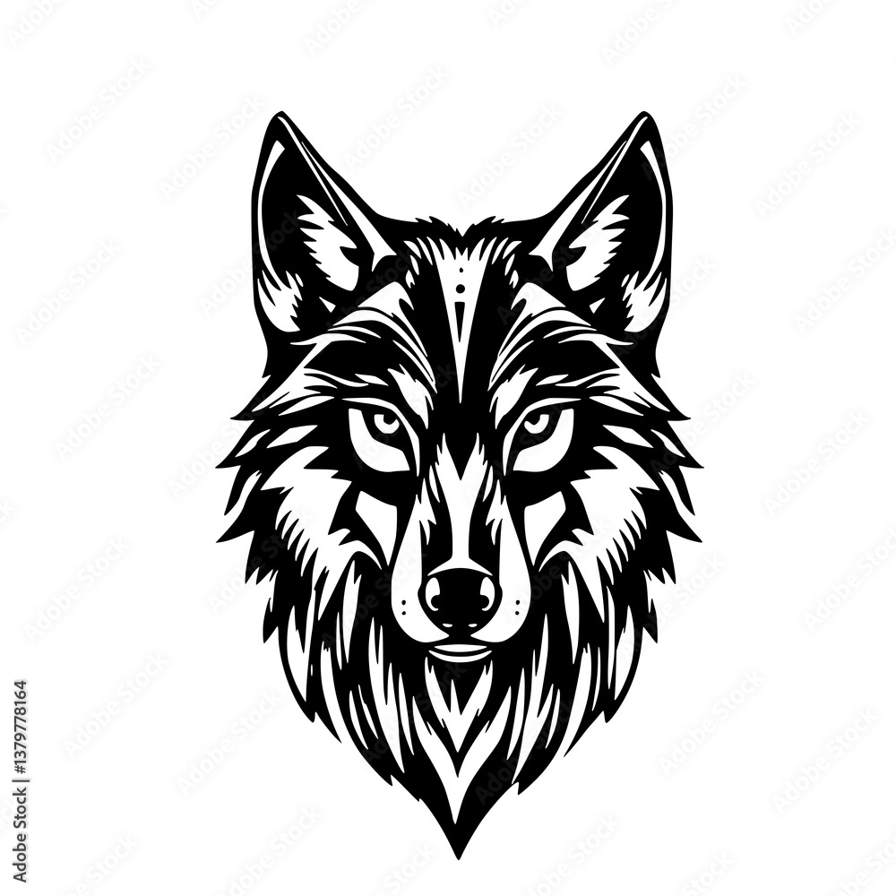 Naklejka premium Intense Stare of a Wolf: A powerful illustration showcasing the striking face of a wolf, rendered in bold black and white with a strong emphasis on detail.