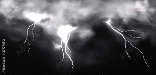 Lightning bolts strike across stormy sky - dramatic powerful electrical discharges streak through dark ominous clouds. 3d natural atmospheric weather phenomenon during severe thunderstorm.