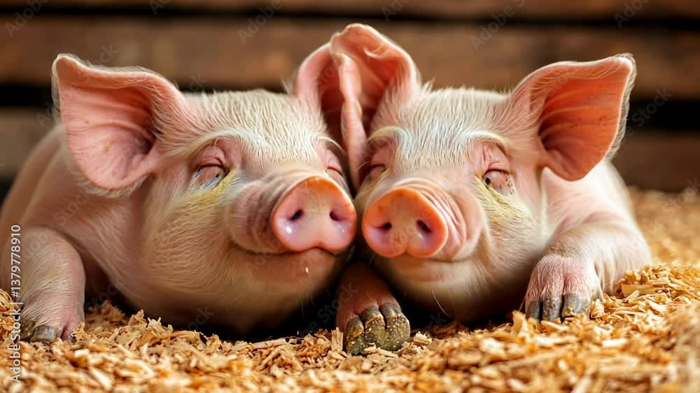 Two Adorable Piglets Resting Together on a Bed of Straw Two Adorable Piglets Resting Together on a Bed of Straw
