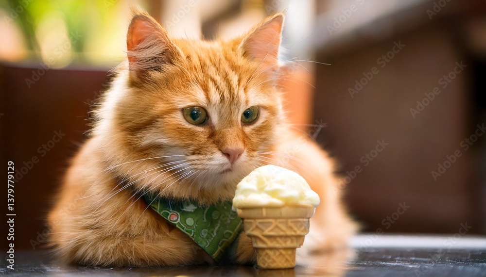 かわいい子猫、アイスクリームを食べるイメージ かわいい子猫、アイスクリームを食べるイメージ