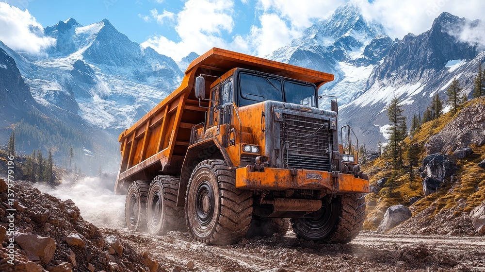 An orange construction truck drives on a dirt road near mountains An orange construction truck drives on a dirt road near mountains