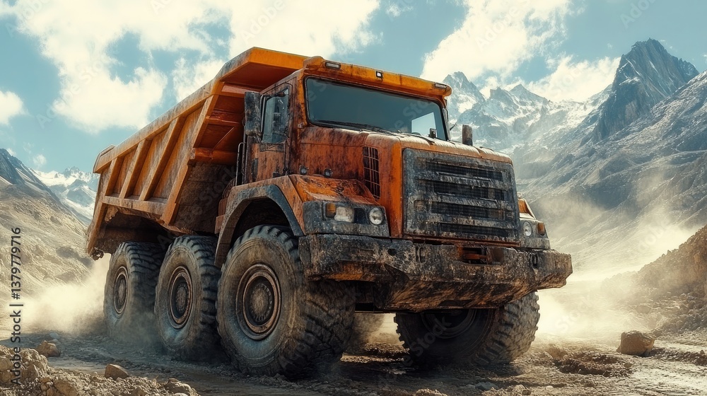 A large orange dump truck traversing a dusty and mountainous landscape A large orange dump truck traversing a dusty and mountainous landscape