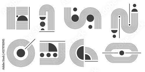 Abstract geometric arch and circle line shapes set isolated on white background. Vector illustration of minimalist mid century stripes and figures, concentric wave patterns, doodle art elements