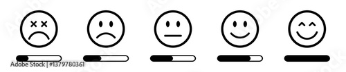 Rating emoji set. Feedback emoticons collection. Feedback and rating emoji set 1 to 5. Very happy, happy, neutral, sad and very sad emojis icon set. Emoji, feedback, rating emoji, rating. vector.