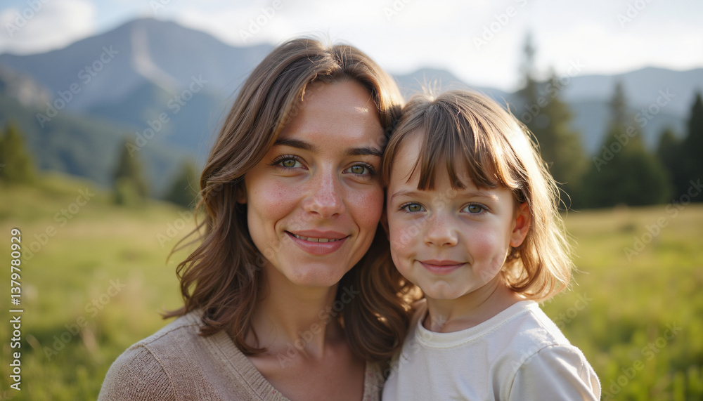 Mother and child smiling together in a serene mountain landscape Mother and child smiling together in a serene mountain landscape