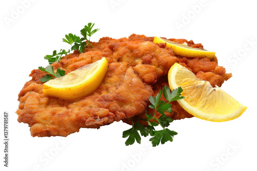 Wiener Schnitzel Garnished with Lemon Isolated On Transparent Background