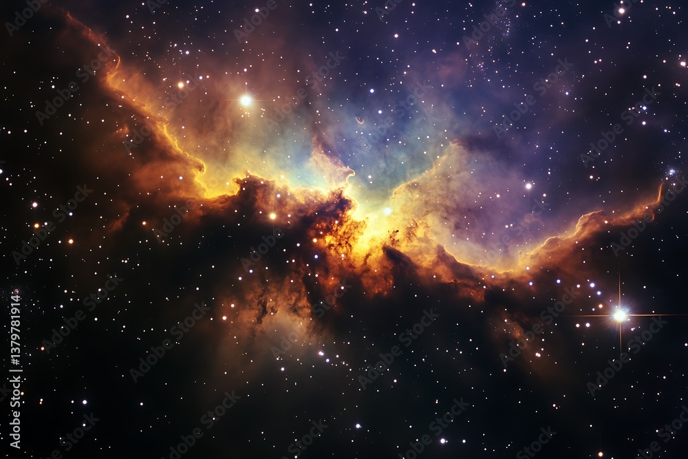 Naklejka premium A cosmic dance of fiery nebulae and glittering stars, a breathtaking spectacle of celestial wonders in deep space with vibrant colors and intense luminosity.