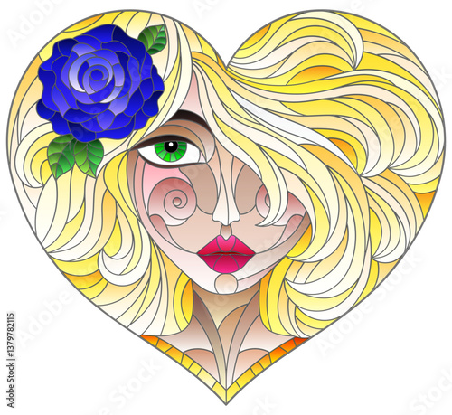 Stained glass illustration with a portrait of a girl with bright hair and a heart-shaped rose