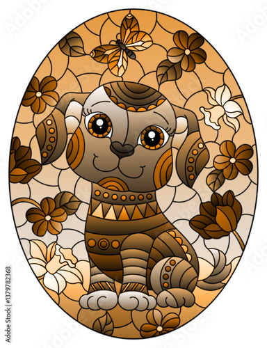 An illustration in the style of a stained glass window with a cute puppy on a background of sky, meadows and flowers, tone brown