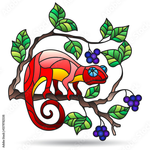 Illustration in the style of a stained glass window with bright chameleon, bright animal isolated on a white background