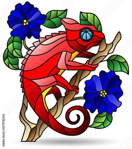 Illustration in the style of a stained glass window with bright chameleon, bright animal isolated on a white background
