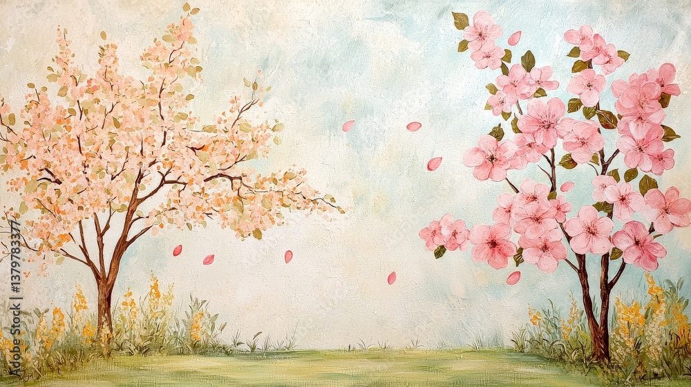 Fototapeta premium Blossom trees in spring: A whimsical spring scene with two flourishing blossom trees, with pink and apricot petals scattering in the gentle breeze, evoking feelings of renewal and joy.