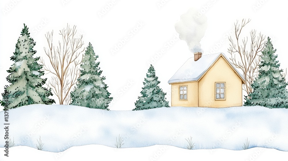 Naklejka premium Cozy Winter Scene: A charming watercolor illustration depicts a snow-covered landscape with a cozy house and fir trees, evoking a sense of peace and holiday cheer.