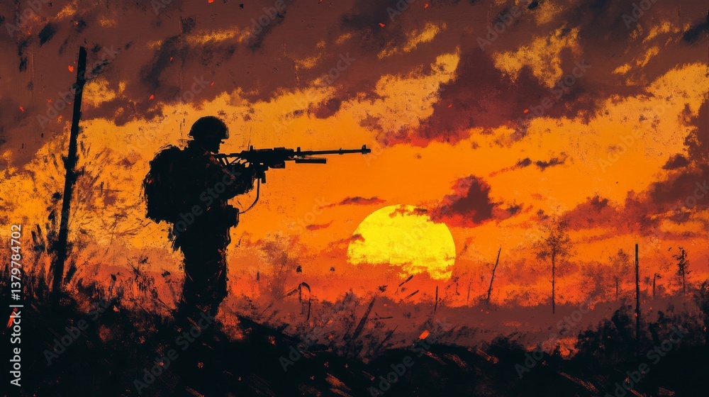 A soldier with a bazooka aims at the horizon, silhouetted against a war-torn sky. A soldier with a bazooka aims at the horizon, silhouetted against a war-torn sky.