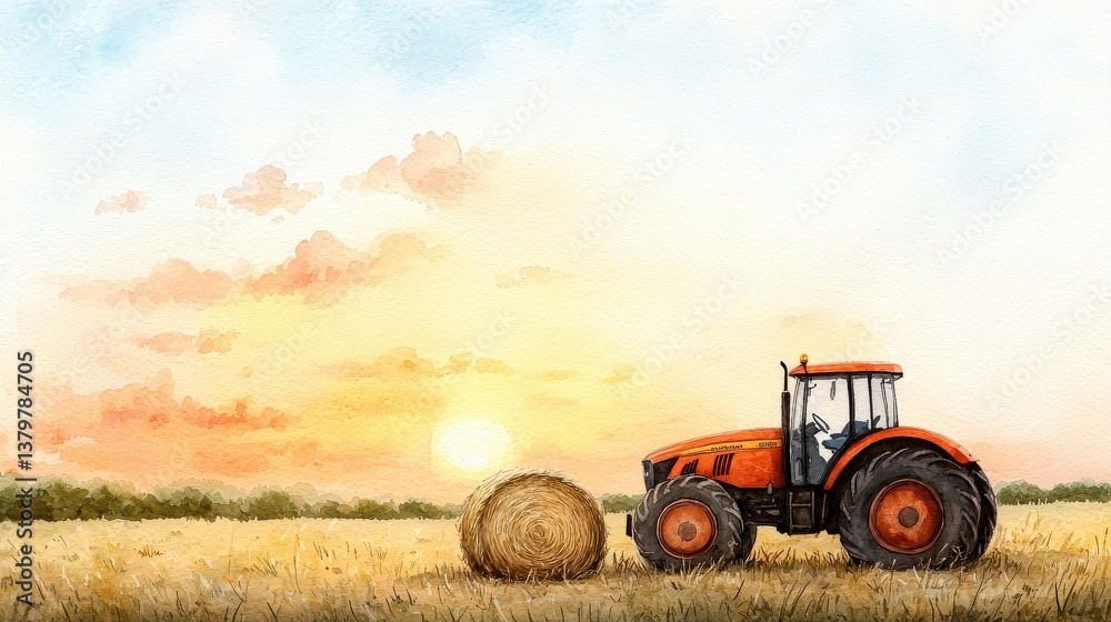Fototapeta premium Golden Sunset over Agricultural Landscape: A vibrant sunset bathes a rural farm scene, featuring a tractor and hay bale, creating a serene and idyllic agricultural vista.