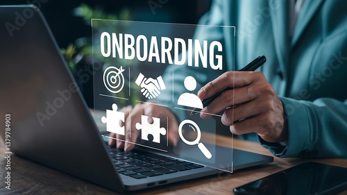 Business Professional Onboarding Icons with Laptop and Office Desk for Employee Training and Corporate Success