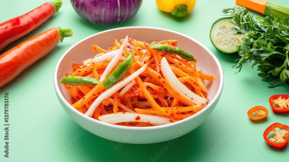 A vibrant bowl of spicy Korean carrot salad sits on a green background surrounded by fresh vegetables including red peppers carrots onions and cucumbers ready to be served. A vibrant bowl of spicy Korean carrot salad sits on a green background surrounded by fresh vegetables including red peppers carrots onions and cucumbers ready to be served.