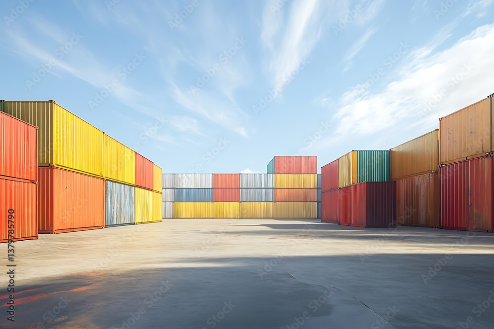 Fototapeta premium Stacked shipping containers in a large industrial storage yard under a clear sky