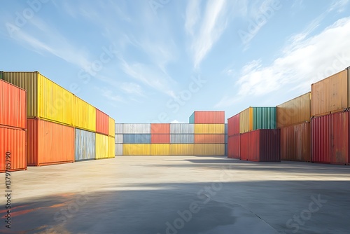 Wallpaper Mural Stacked shipping containers in a large industrial storage yard under a clear sky Torontodigital.ca