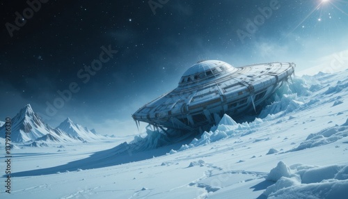 A Spacecraft Wreckage in a Snowy Mountain Landscape