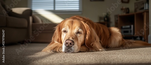 A golden retriever lies comfortably on the carpet, basking in natural sunlight, creating a cozy and serene atmosphere in a living room setting.