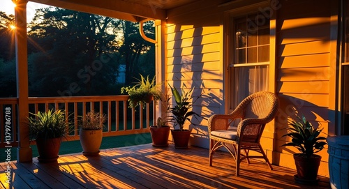 Sunset orange light casting long shadows on a wooden porch with potted plants and a wicker chair