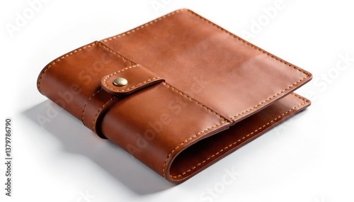 Brown leather flap, neatly folded, against stark white background , smooth, fold line