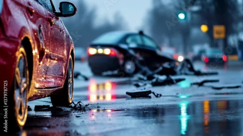 Car accident scene with damaged vehicles on wet road  