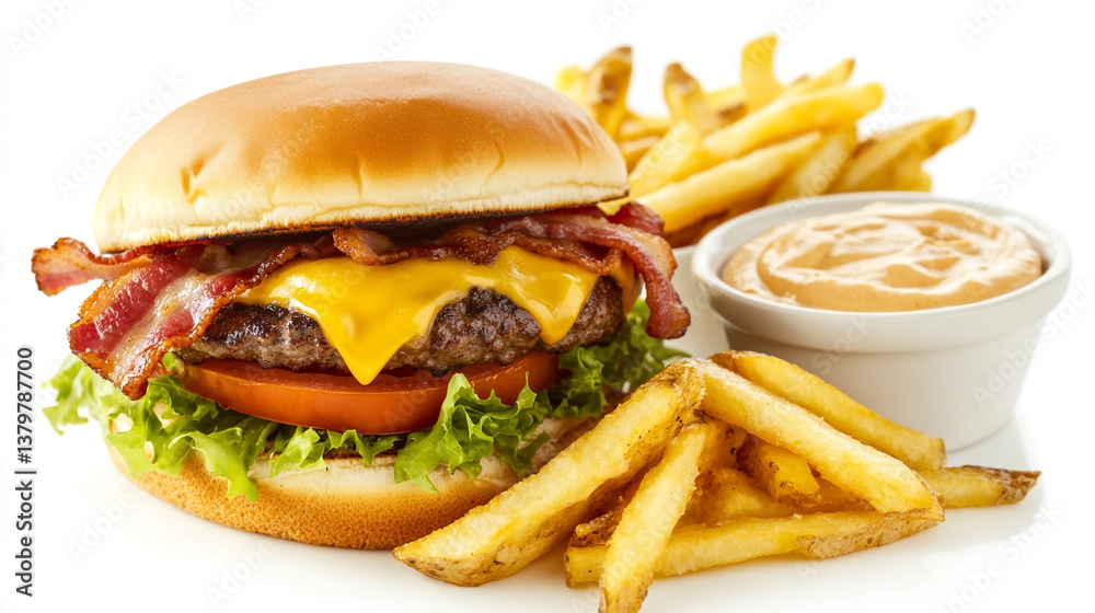 Two slices of beef in a burger with melting cheddar cheese, extra bacon, tomatoes, and cheddar dip on the side with fries, isolated on a white background. Two slices of beef in a burger with melting cheddar cheese, extra bacon, tomatoes, and cheddar dip on the side with fries, isolated on a white background.