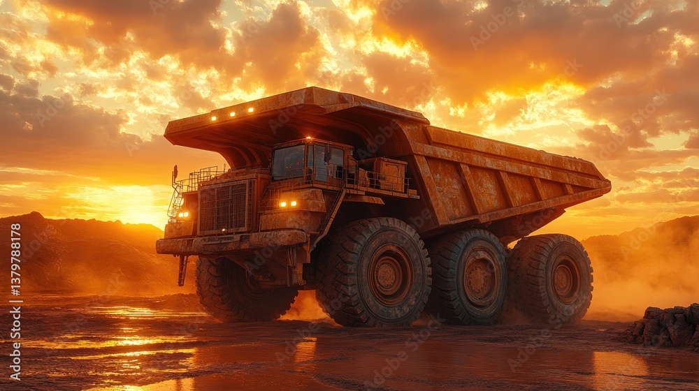 Fototapeta premium A massive earth moving vehicle is illuminated by sunset colors