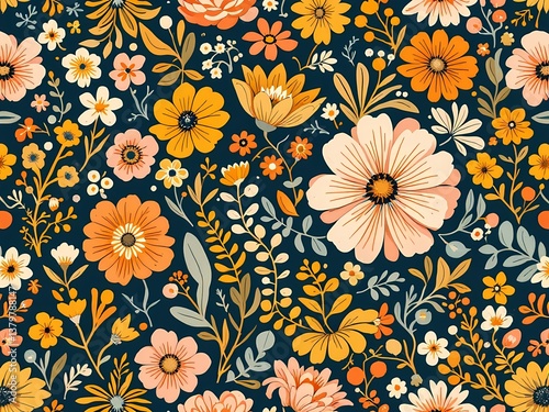 Dark Blue Floral Seamless Pattern with Orange and Peach Flowers